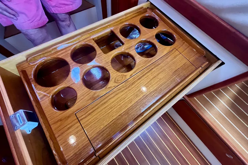 Slide: The Image of Wooden interior detail of 2001 Little Harbor Whisper Jet 38 Prop boat. - 34