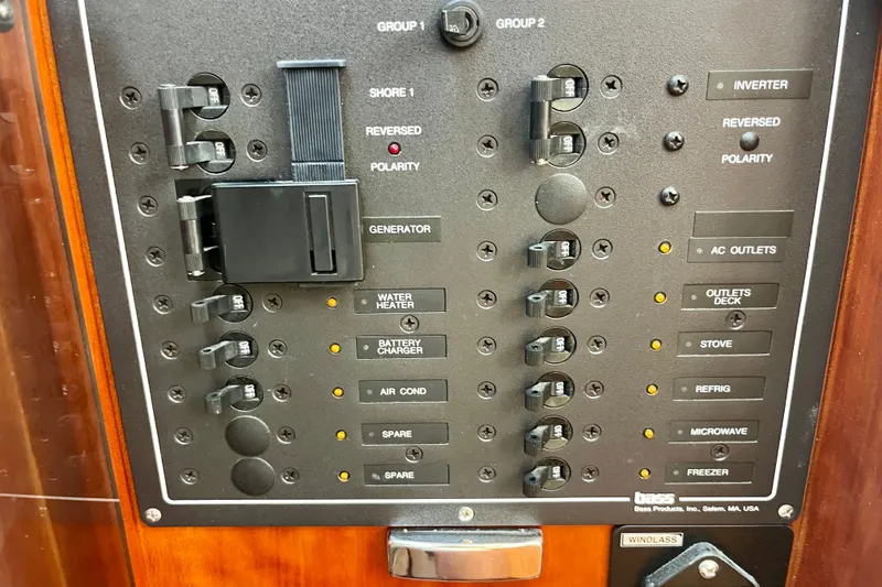Slide: The Image of Electrical control panel on a 2001 Little Harbor Whisper Jet 38 Prop boat. - 37