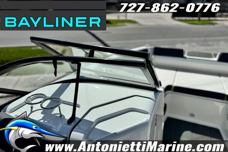 Slide: The Image of 2026 Bayliner D22 boat interior with windshield, cup holders, and Antonietti Marine branding. - 18