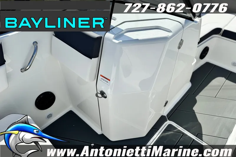 Slide: The Image of 2026 Bayliner D22 boat interior with sleek design, featuring contact details and website. - 21