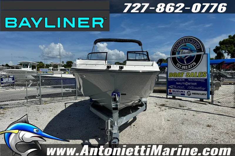 Slide: The Image of 2026 Bayliner D22 boat on display at Antonietti Marine sales lot. - 2