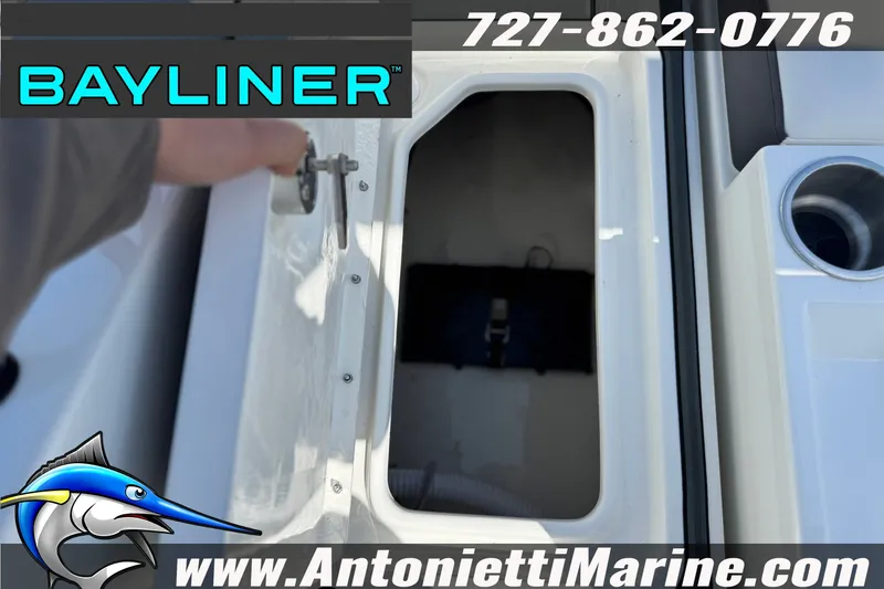 Slide: The Image of 2026 Bayliner D22 boat storage compartment with open hatch, featuring Antonietti Marine branding. - 32