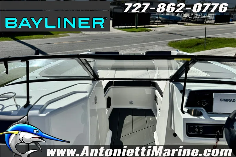Slide: The Image of 2026 Bayliner D22 boat interior with windshield, dashboard, and seating, displayed by Antonietti Marine. - 17