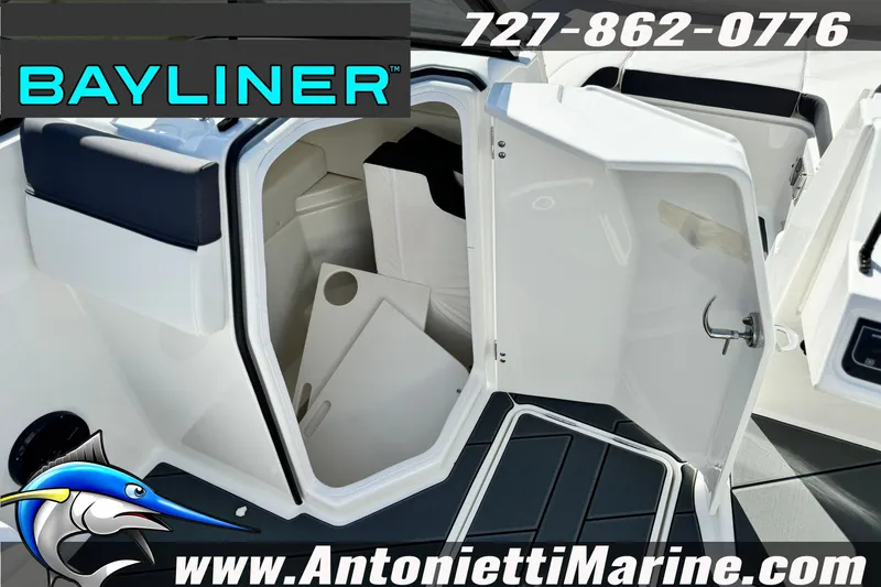 Slide: The Image of 2026 Bayliner D22 boat interior with open storage compartment, featuring sleek design elements. - 22