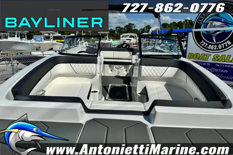 Slide: The Image of 2026 Bayliner D22 boat interior at Antonietti Marine, featuring sleek seating and modern design. - 7