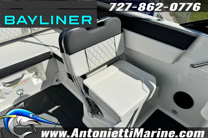 Slide: The Image of Bayliner D22 boat interior with seating, featuring diamond-pattern upholstery, 2026 model. - 26