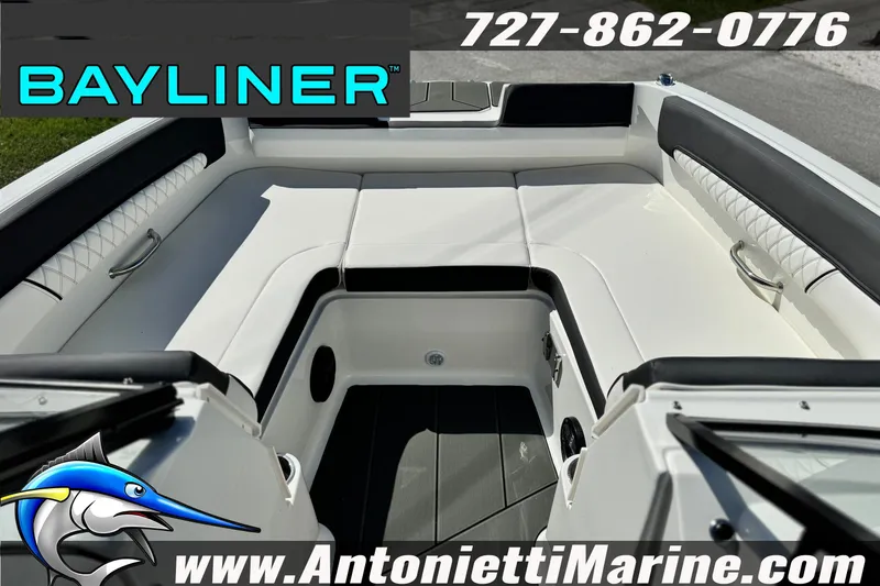 Slide: The Image of 2026 Bayliner D22 boat interior with white seating, featured by Antonietti Marine. - 19