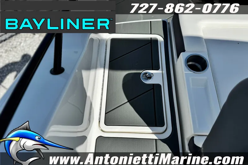 Slide: The Image of 2026 Bayliner D22 boat deck with storage compartment and cup holder, Antonietti Marine branding. - 31
