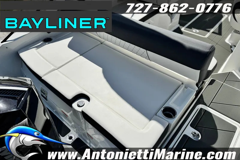 Slide: The Image of 2026 Bayliner D22 boat interior with seating and cup holders, Antonietti Marine branding. - 11