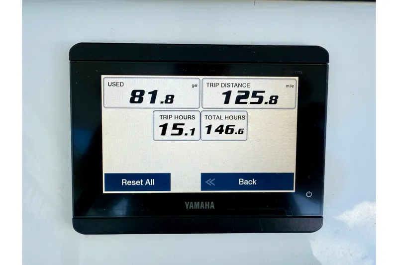 Slide: The Image of Yamaha display showing fuel usage, trip distance, and hours for 2021 Regulator 26XO boat. - 13