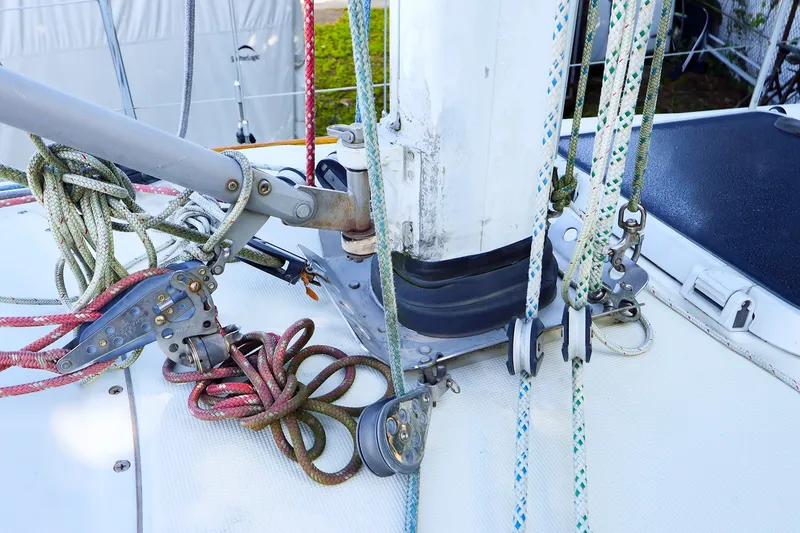 Slide: The Image of Deck rigging and ropes on a 1990 Ericson 32.5 sailboat. - 18