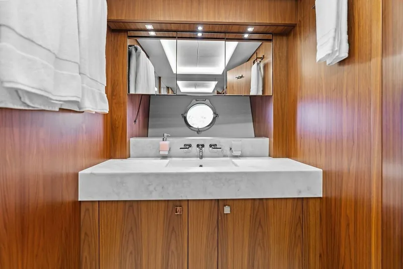 Slide: The Image of Luxurious bathroom interior of 2019 Sunseeker 86 Yacht with wooden finish and modern fixtures. - 103