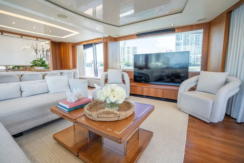 Slide: The Image of Luxurious Sunseeker 86 Yacht 2019 interior with elegant seating and large TV. - 66