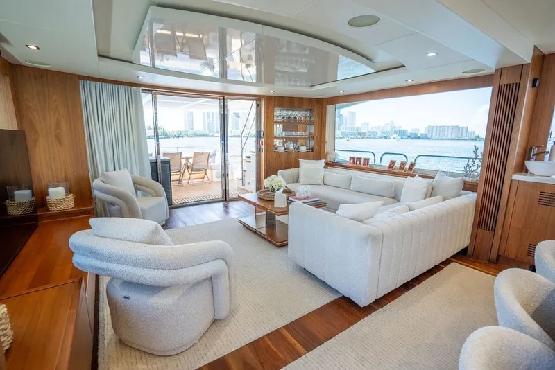Slide: The Image of Luxurious interior of 2019 Sunseeker 86 Yacht with elegant seating and panoramic ocean views. - 63