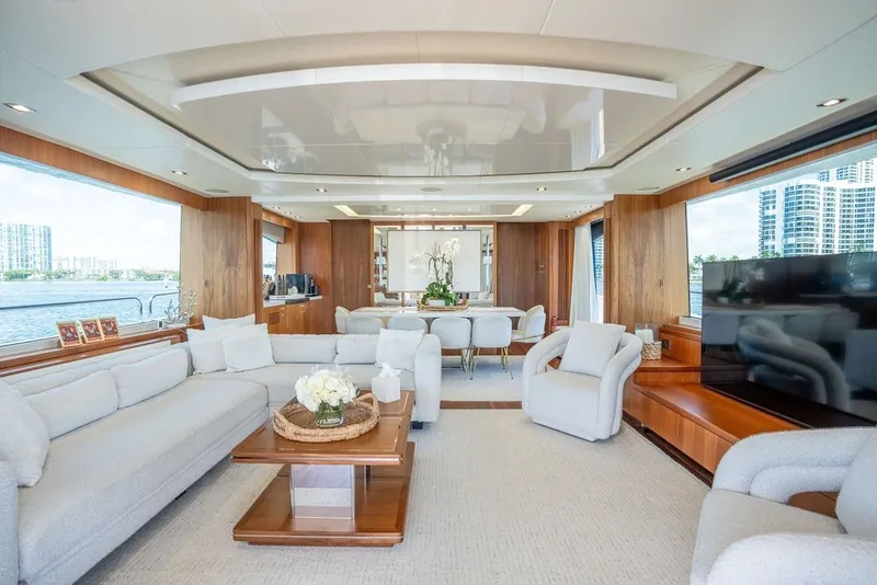 Slide: The Image of Luxurious interior of 2019 Sunseeker 86 Yacht with elegant seating and panoramic windows. - 59