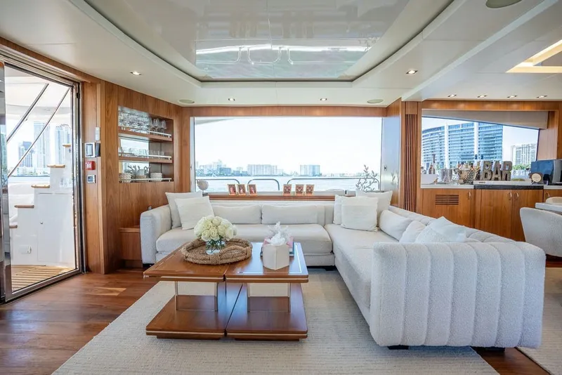 Slide: The Image of Luxurious interior of 2019 Sunseeker 86 Yacht with elegant seating and panoramic views. - 60