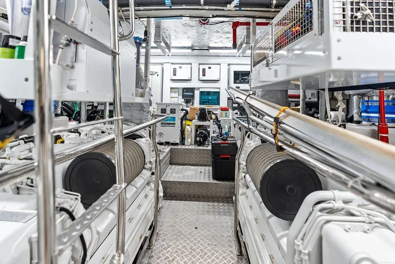 Slide: The Image of Engine room of a 2019 Sunseeker 86 Yacht, showcasing machinery and equipment. - 137