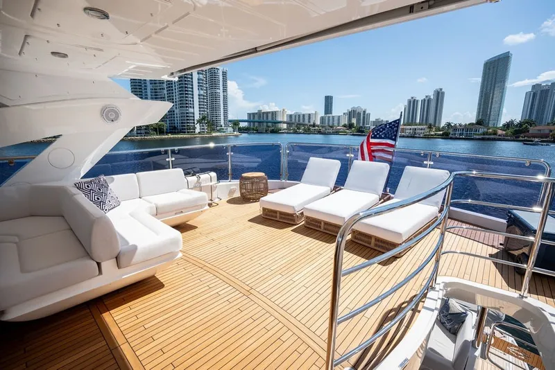 Slide: The Image of Luxurious Sunseeker 86 Yacht 2019 with spacious deck, modern seating, and stunning waterfront views. - 47