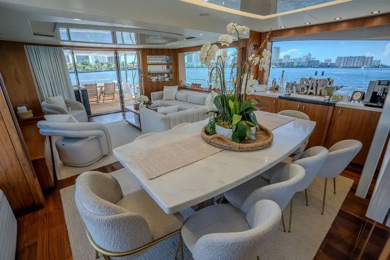 Slide: The Image of Luxurious interior of 2019 Sunseeker 86 Yacht with elegant dining and lounge area. - 68