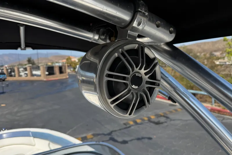 Slide: The Image of Speaker mounted on a 2012 Bayliner 195 Bowrider boat's metal frame. - 15