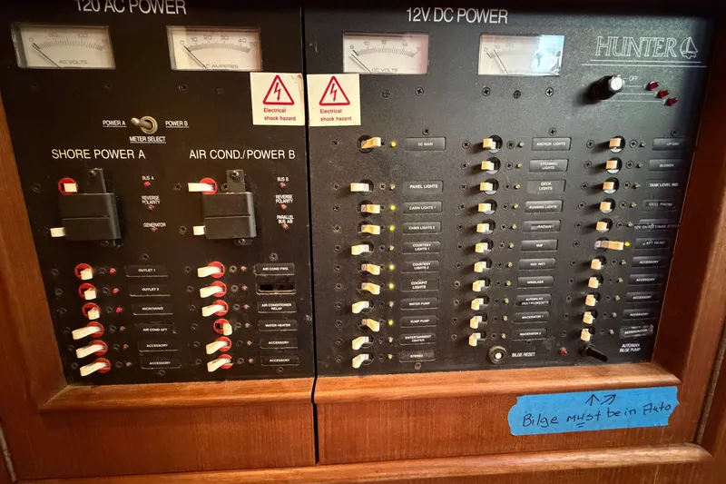 Slide: The Image of Electrical panel of a 1994 Hunter Passage 450 sailboat with AC and DC power controls. - 15
