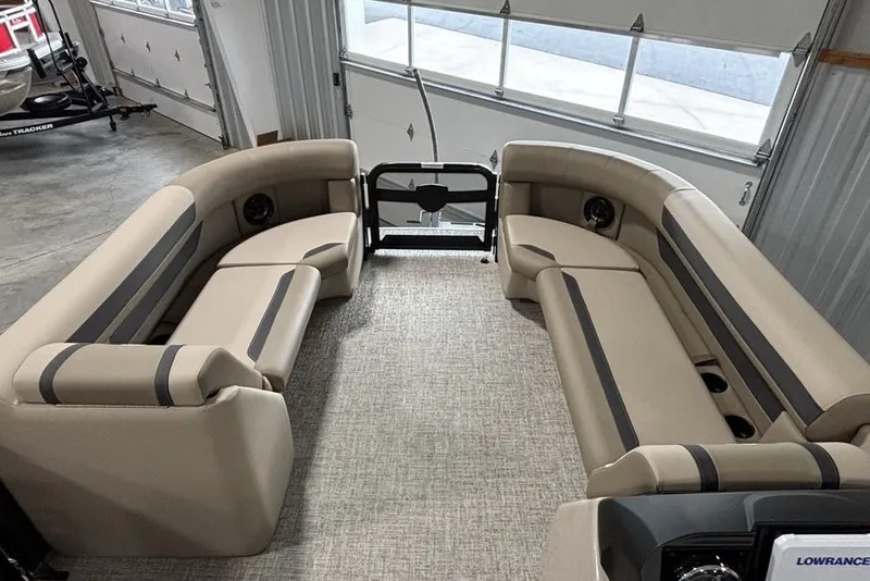 Slide: The Image of Interior of 2027 Premier 220 Sunscape RL - CL pontoon boat with beige seating. - 13