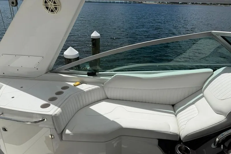 Slide: The Image of Luxury seating on a 2021 Monterey 355 Sport Yacht overlooking the water. - 21