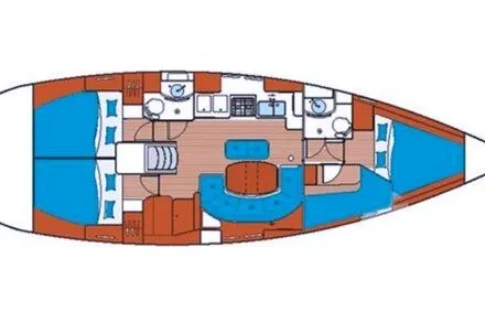 Slide: The Image of Floor plan of a 1999 Beneteau Oceanis 411 Celebration sailboat, featuring cabins and amenities. - 2