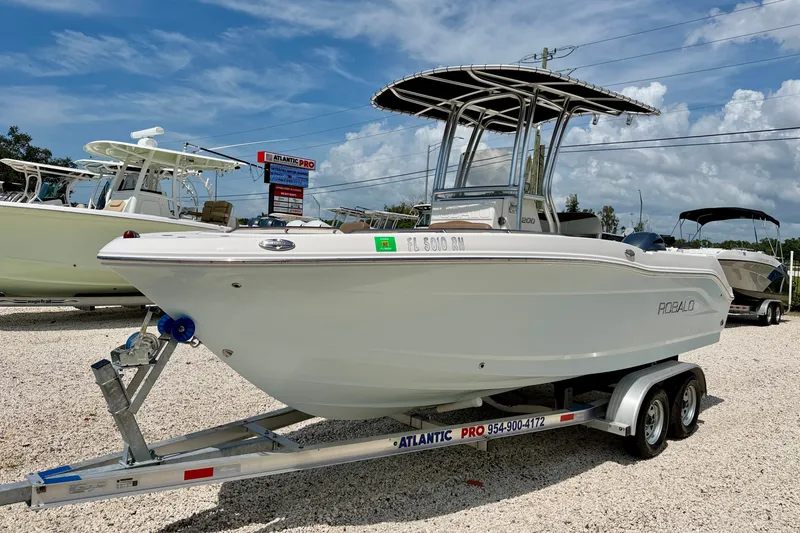 The Image of 2017 Robalo R200 Center Console boat on trailer under blue sky. - 0