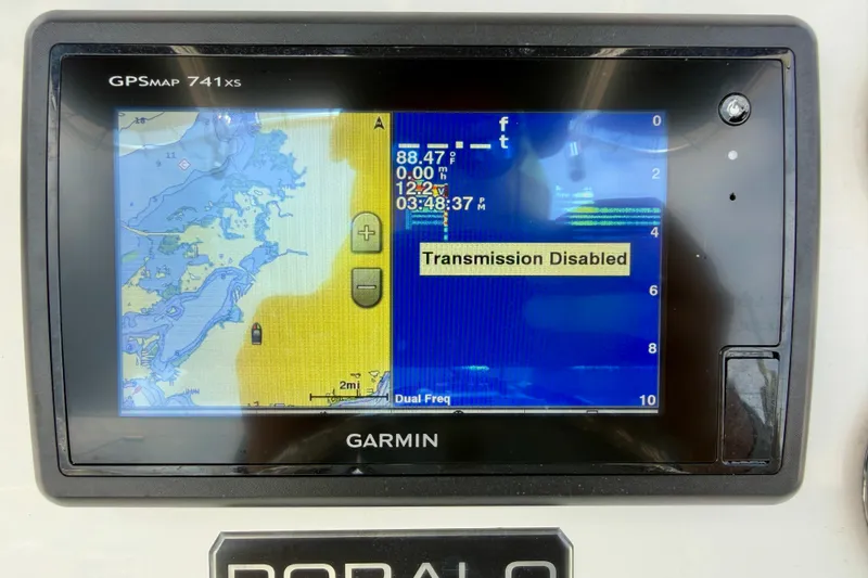 Slide: The Image of Garmin GPSMAP 741xs display on 2017 Robalo R200 Center Console, showing "Transmission Disabled." - 18