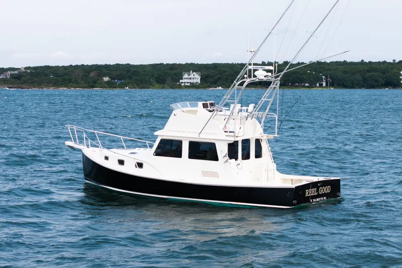 Slide: The Image of 2003 Northern Bay 36 boat on water, with fishing rods and scenic shoreline background. - 66
