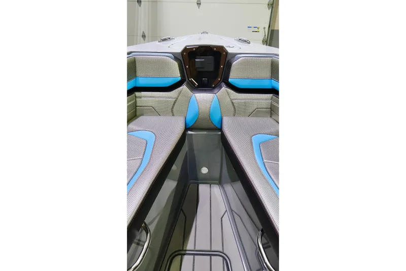 Slide: The Image of Interior view of 2025 Sunsation 32 CCX boat with modern seating and sleek design. - 35
