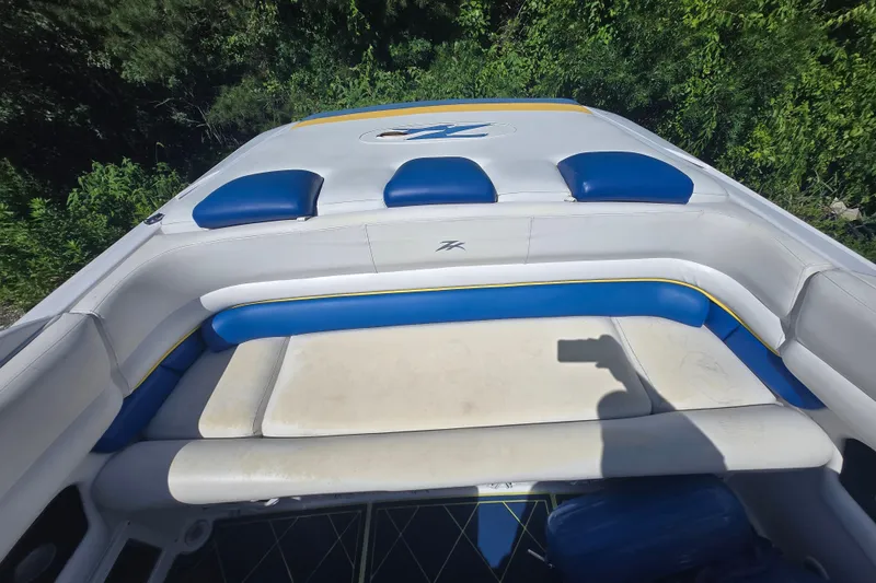 Slide: The Image of 1998 Donzi 28 ZX boat interior with blue and white seating, surrounded by greenery. - 21