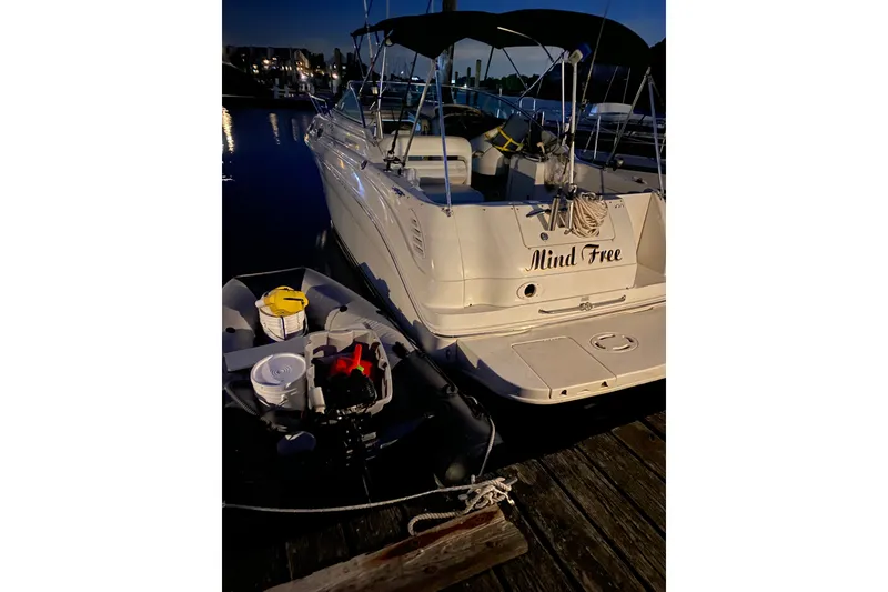 Slide: The Image of 2001 Sea Ray Sundancer 260 docked at night, named "Mind Free." - 17