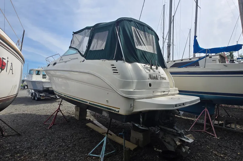 Slide: The Image of 2001 Sea Ray Sundancer 260 boat on stands, covered with green canopy. - 2