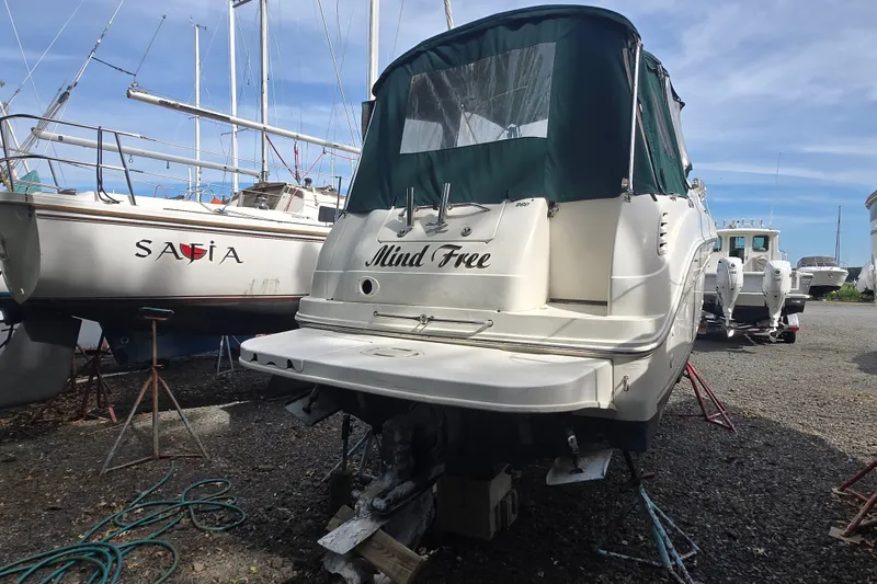 Slide: The Image of 2001 Sea Ray Sundancer 260 boat named "Mind Free" in a marina. - 13