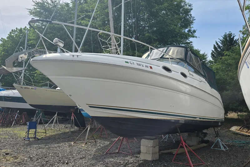Slide: The Image of 2001 Sea Ray Sundancer 260 boat on stands, surrounded by trees and other boats. - 15