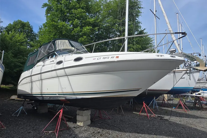 The Image of 2001 Sea Ray Sundancer 260 boat on stands, surrounded by trees and other boats. - 0