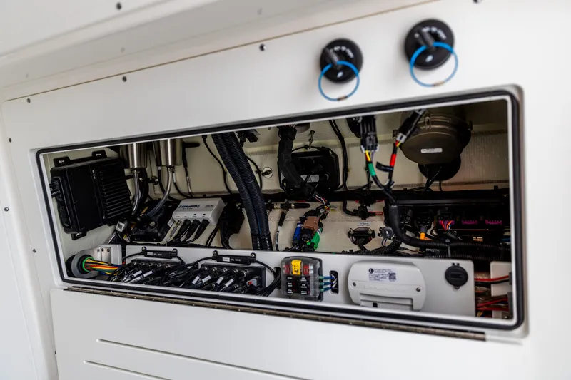 Slide: The Image of Electrical panel of 2026 Crevalle 33 CSF boat, showcasing wiring and components. - 37