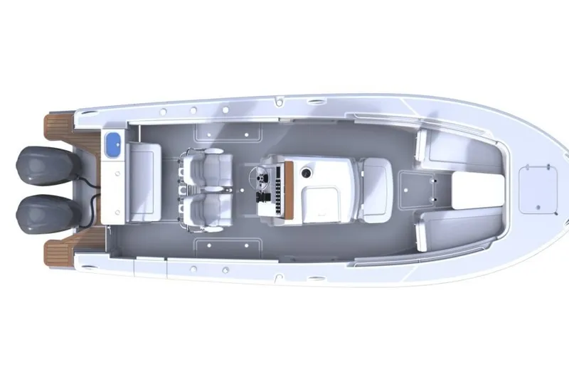 Slide: The Image of Top view of 2013 Southport 27 FE boat with dual engines and seating layout. - 50