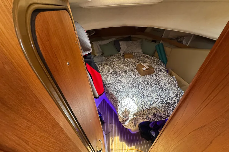 Slide: The Image of Cozy cabin interior of 2020 Ranger Tugs R-31 CB with patterned bedding. - 26