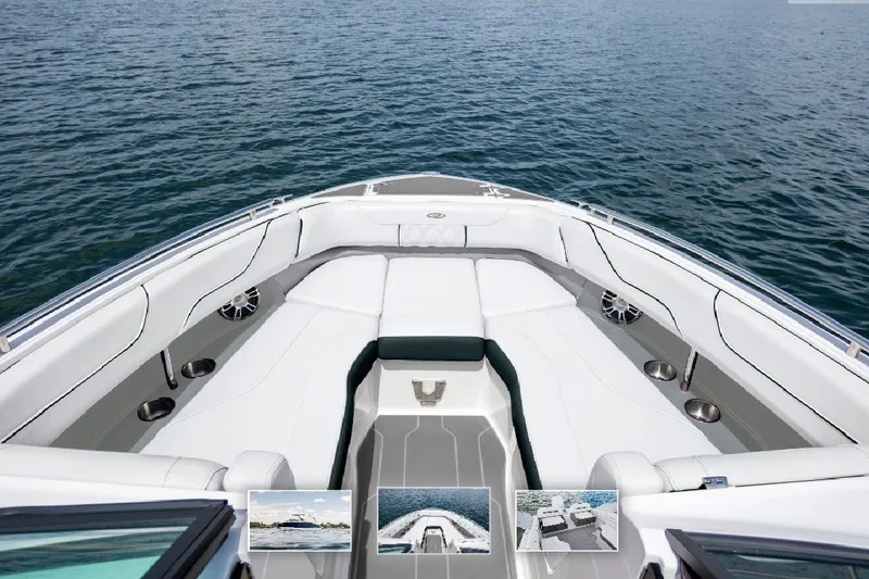 Slide: The Image of Luxurious 2026 Regal LX6 boat interior with spacious seating on open water. - 1