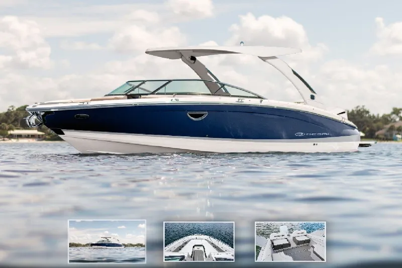 Slide: The Image of 2026 Regal LX6 boat on water, sleek design, blue and white exterior. - 3