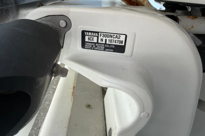 Slide: The Image of Yamaha F300NCA2 engine on 2021 Caymas 341 CC boat, close-up view. - 68