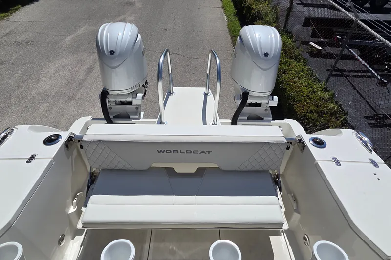 Slide: The Image of 2025 World Cat 260 CC-X boat with dual engines and sleek seating design. - 42