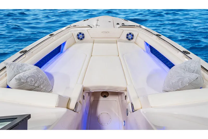 Slide: The Image of Manufacturer Provided Image: Grady-White Freedom 345 2026 boat with luxurious bow area on blue water. - 13