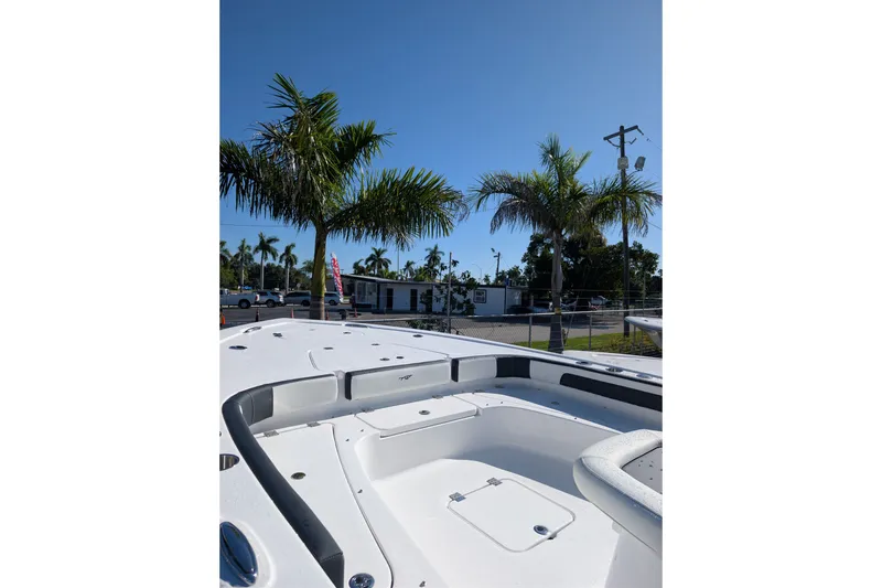 Slide: The Image of 2027 Tidewater 2500 Carolina Bay boat with palm trees in the background. - 5
