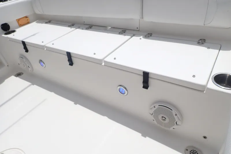 Slide: The Image of Interior of 2017 Sea Hunt Ultra 211 boat with storage compartments and speakers. - 18