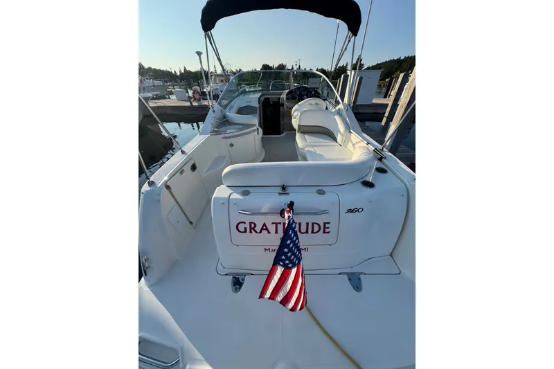 Slide: The Image of 2006 Searay 260 boat with American flag, docked at marina, sunny day. - 6