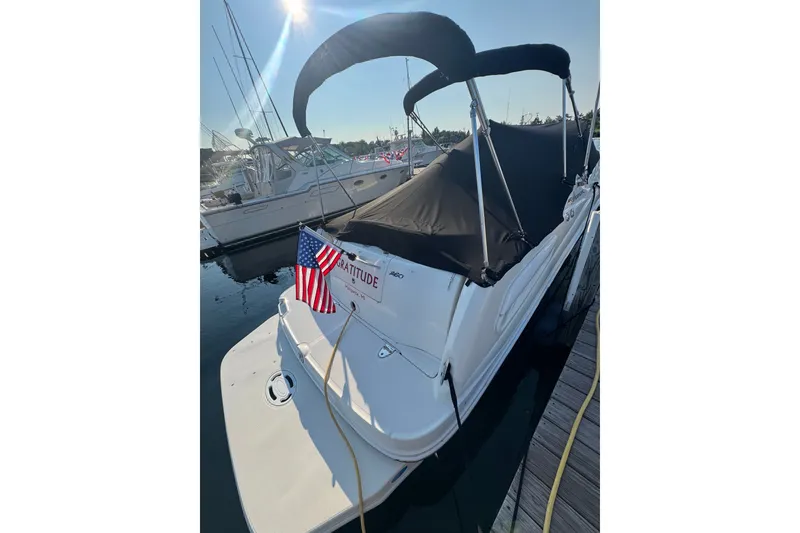 Slide: The Image of 2006 Searay 260 boat docked, covered with black canopy, American flag displayed. - 5